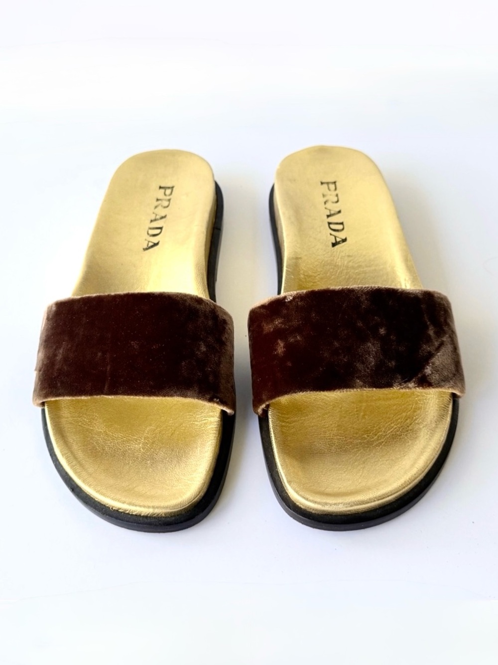 Prada Velvet Slide Sandals in Brown & Gold Size 36 - Picture 5 of 15
